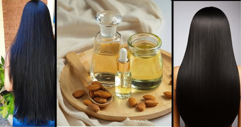 زيت الشعر مثل زيت جوز الهند وزيت الأرغان على طاولة خشبية مع شعر ناعم، يظهر أهمية اختيار زيت الشعر المناسب للعناية بالشعر